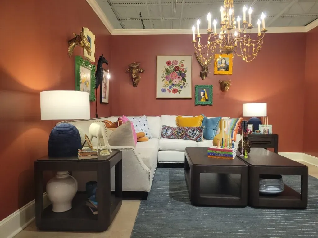 Living room display in a showroom dopamine decor